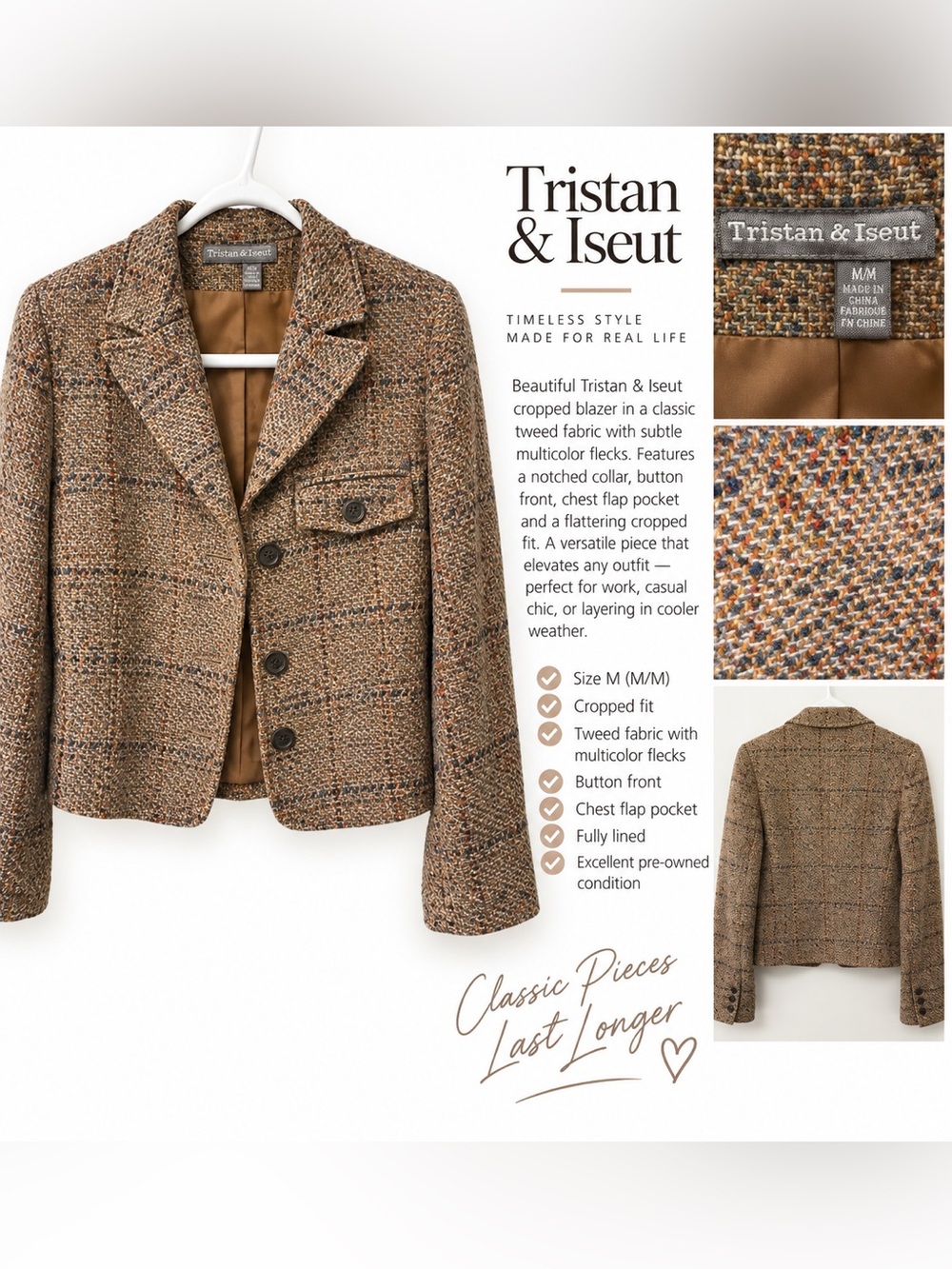 Tristan & Iseut Vintage Tweed Cropped Blazer – Size M